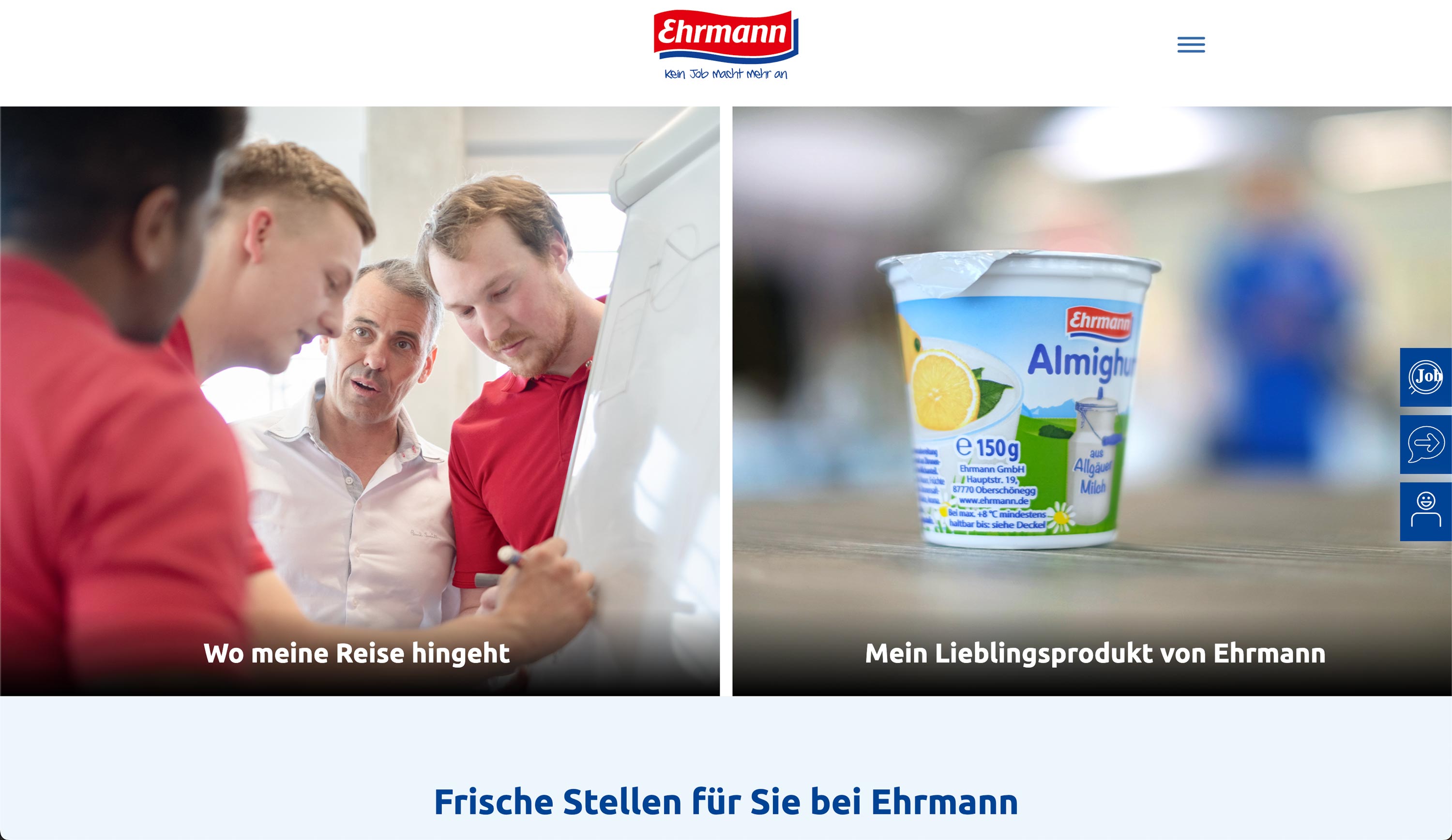 Screenshot aus der Karriere Webseite Mitarbeiter bei der Arbeit und ein Lieblingsprodukt Joghurt von Ehrmann