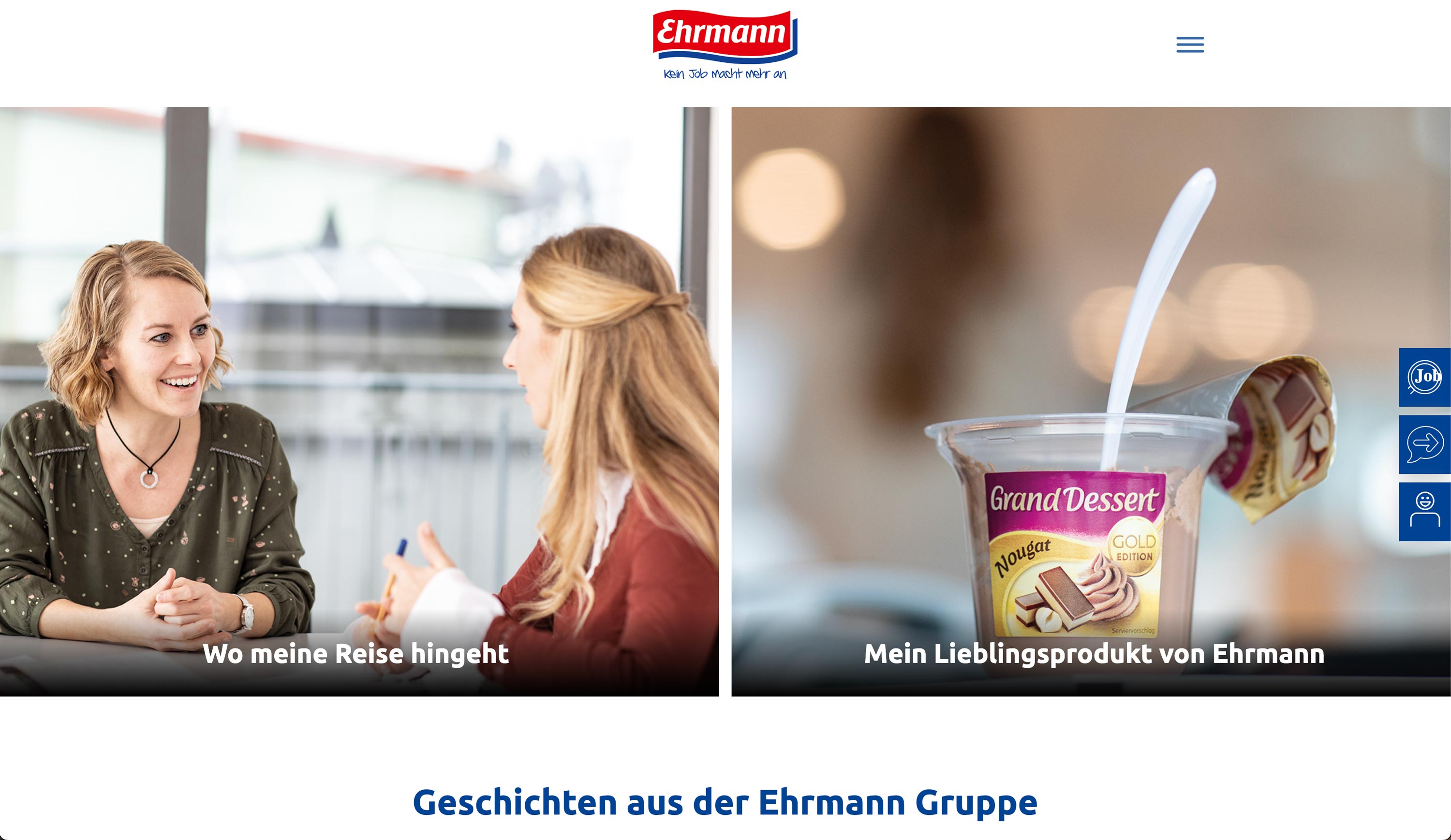 Screenshot aus der Karriere Webseite Mitarbeiter bei der Arbeit und ein Lieblingsprodukt Joghurt von Ehrmann