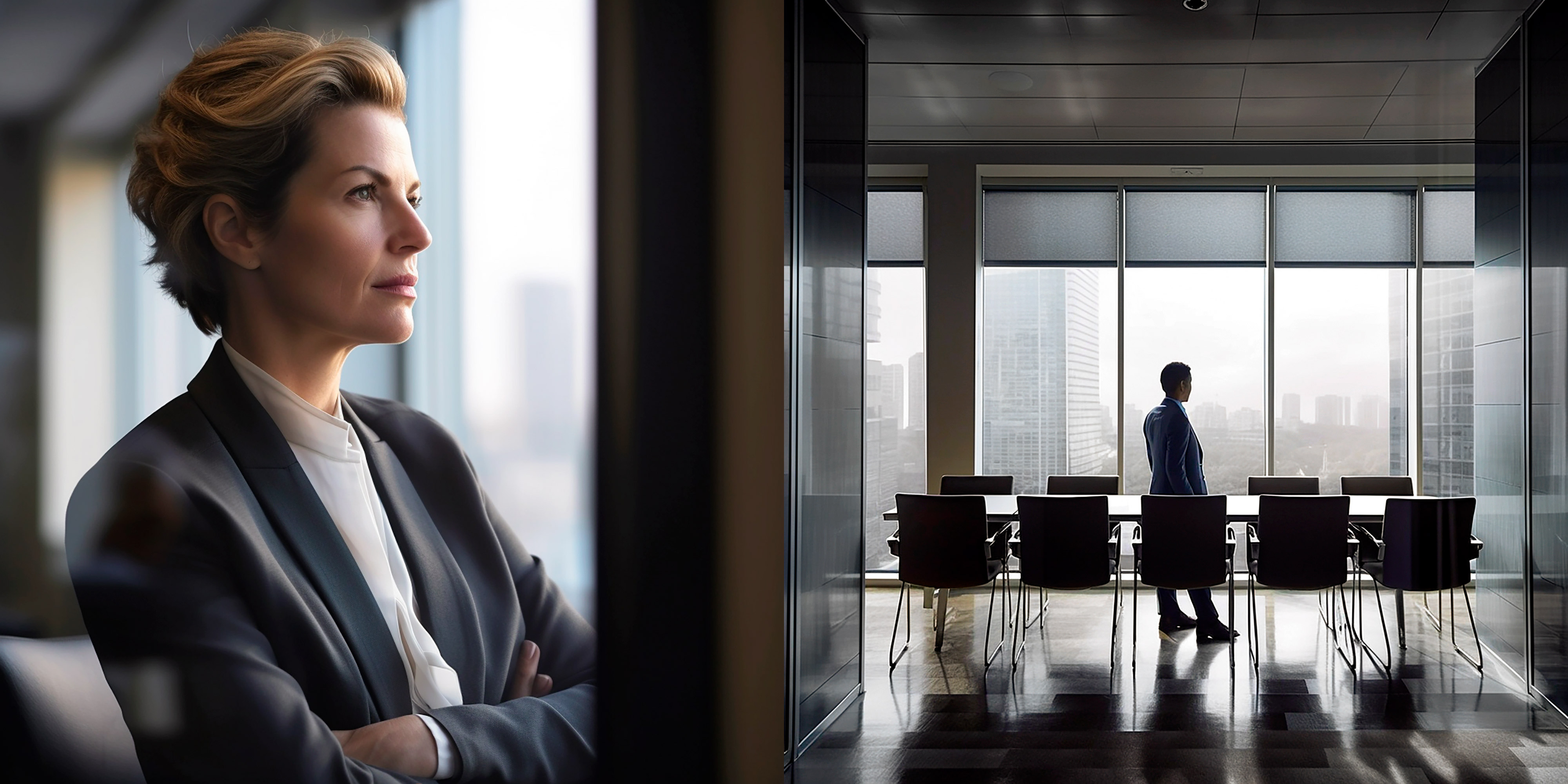 Businessfrau eines Unternehmens schaut aus dem Fenster ihres Büros