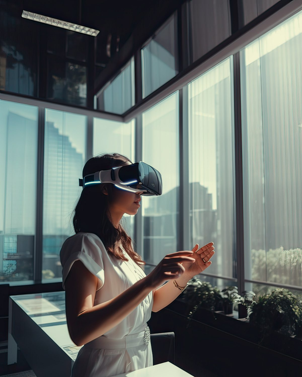 Eine Junge Mitarbeiterin mit VR Brille in einem modernen Office in der Großstadt