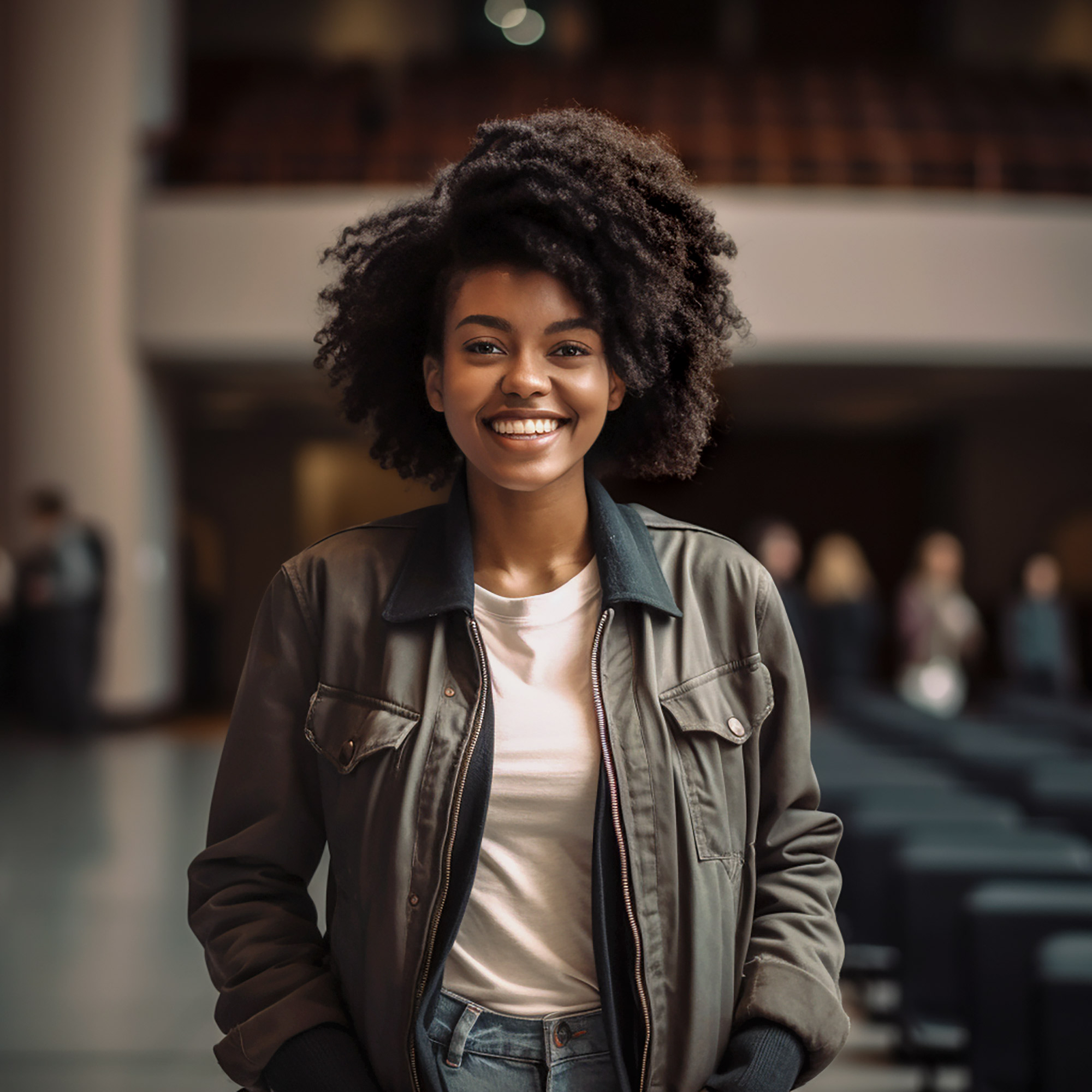 Business Portrait einer jungen Studentin / people of color im Auditorium der Universität