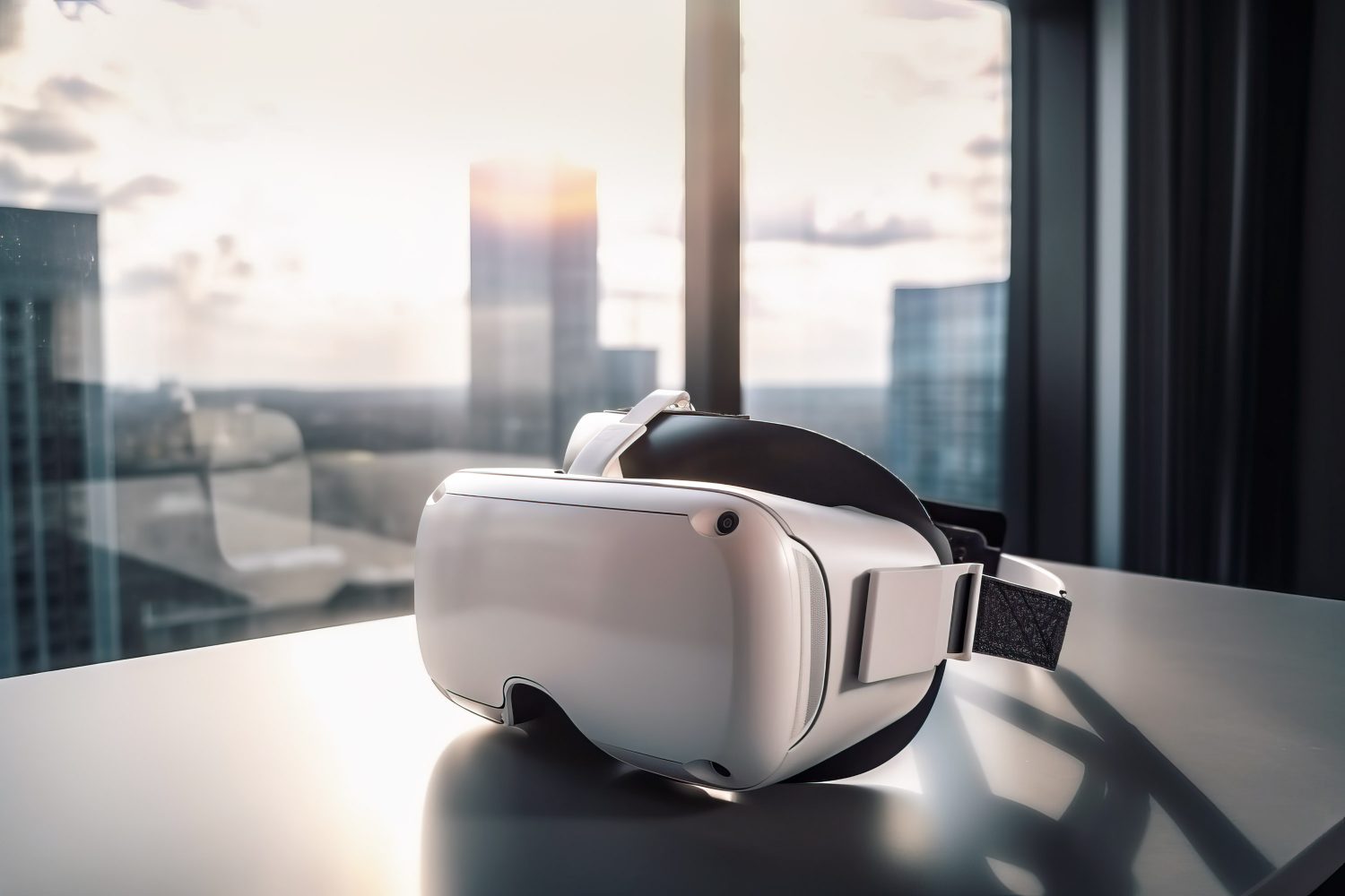 Moderne VR Brille auf einem Bürotisch. Im Hintergrund sieht man eine Glasscheibe mit ein, fallen der Morgen Sonne und einer Großstadt.