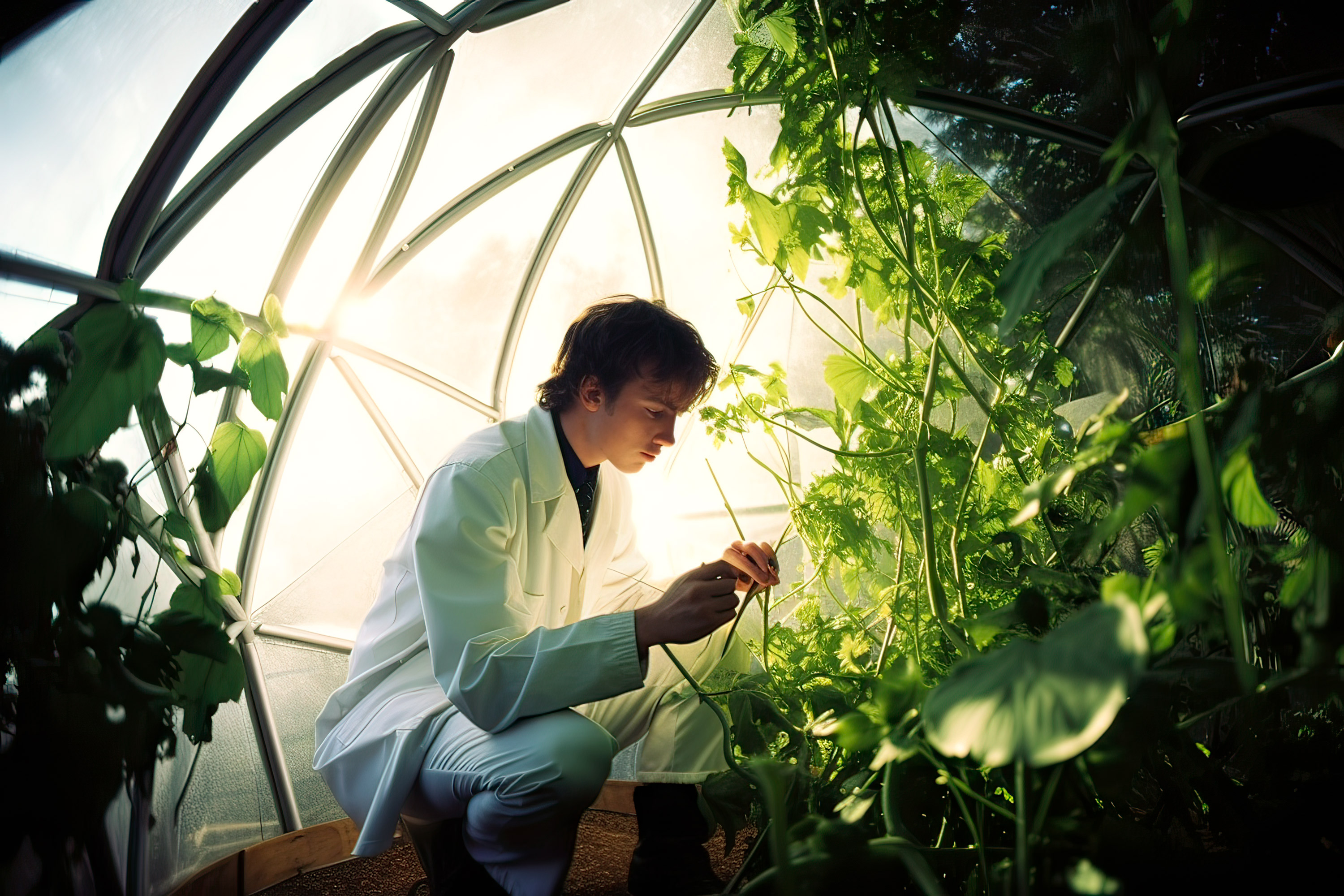 Ein junger Forscher untersucht in einer Forschungsgruppe die Pflanzen