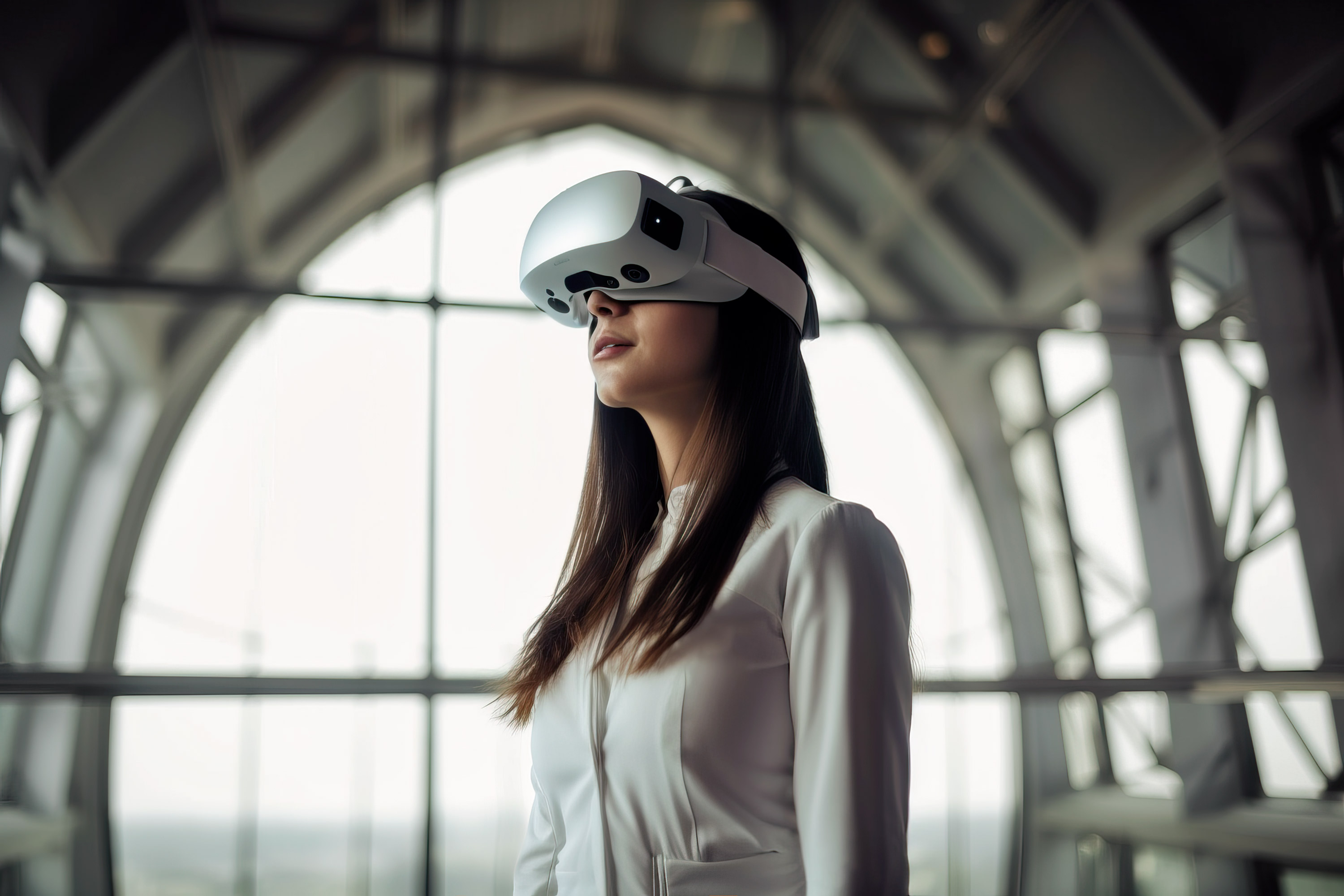 Junge Geschäftsfrau mit VR Brille in einem Kumpelbau. Das Motiv ist ein futuristisches Corporate Thema