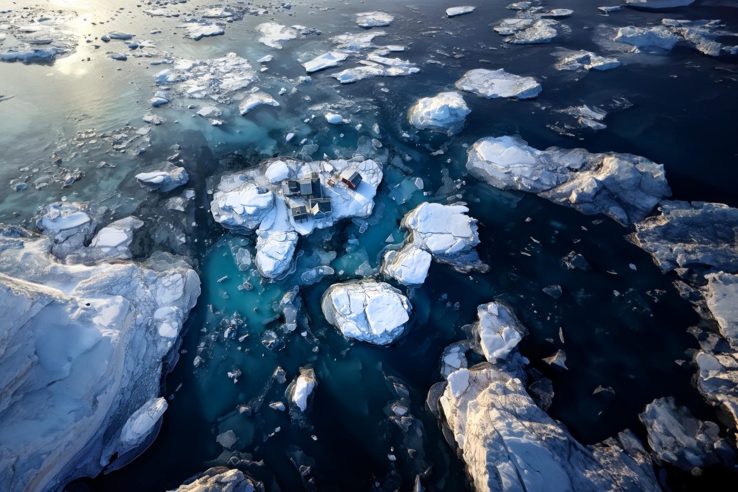 KI generierte Bilder, Luftbild Aufnahme, Antarktis Forschungsstation auf Eisscholle