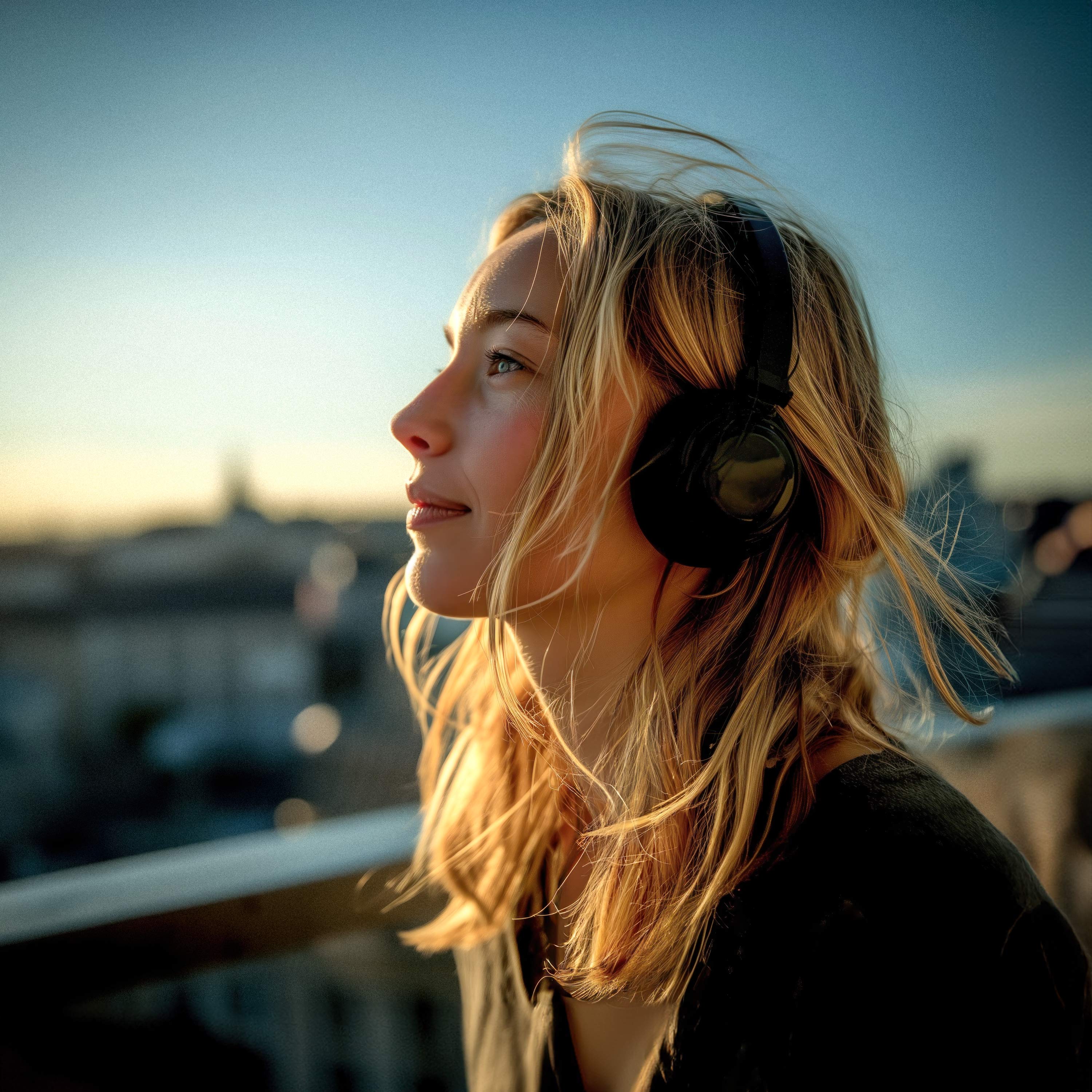 Work Life Balance, eine junge blonde Frau mit Kopfhörer schaut in die Abendsonne